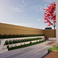 Courtyard Garden With Wooden Fence Outdoor Dining Table And Green Lawn