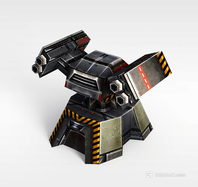 Sci-Fi Mechanical Tower With Armored Metal Structure And Yellow Black Warning Stripes 3d model