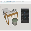Wooden Table And Gray Chair Set With Stacked Books And Blueprints And Green Round Stool