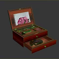 Open Red Wooden Jewelry Box With Drawer And Cosmetics Storage