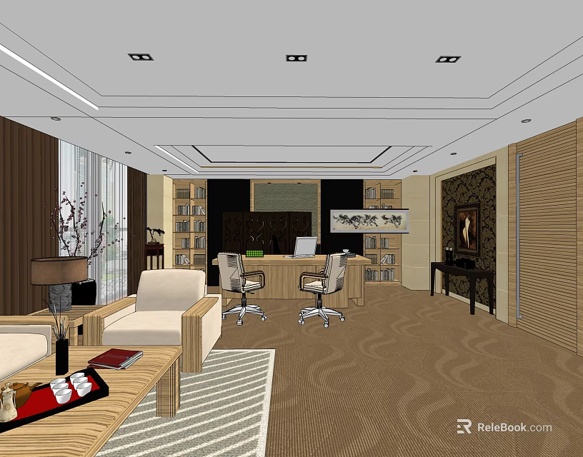 Modern Office Interior Design With Sofa Desk Bookshelf Coffee Table And Office Chairs 3d model 