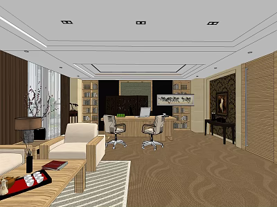 Modern Office Interior Design With Sofa Desk Bookshelf Coffee Table And Office Chairs 3d model