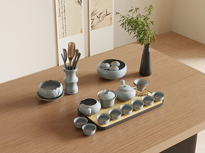 Traditional Ceramic Tea Set With Teapot Teacups Wooden Tray Vase And Green Plant 3d model