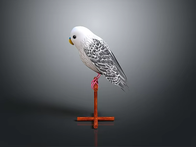White and Gray Parrot with Yellow Beak Perched on Red Wooden Stand 3d model