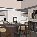 Modern Restaurant Interior With Round Dining Table Chairs Decorative Paintings And Windows