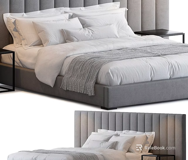 Modern Double Bed With Grey Upholstered Headboard White Sheets Pillows Grey Throw And Side Nightstand 3d model 