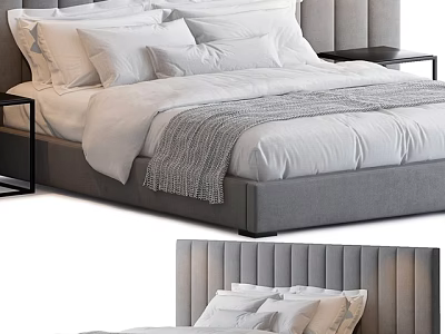 Modern Double Bed With Grey Upholstered Headboard White Sheets Pillows Grey Throw And Side Nightstand 3d model