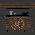 Vintage Wooden Food Cart With Roof Wheels And Cooking Utensils