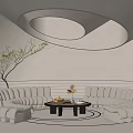 Modern Curved Beige Sofa Coffee Table Set With Black Table Round Light And Decorative Plants