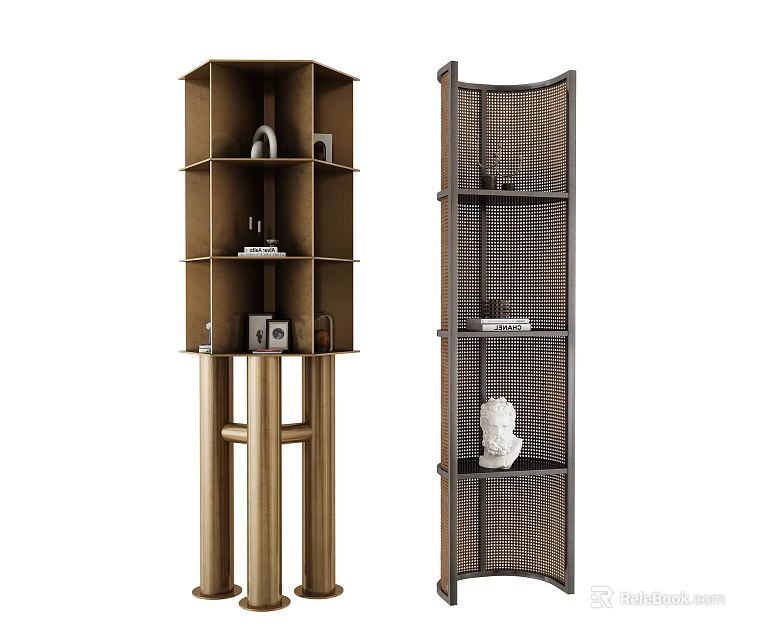 Stylish Shelving Units With Multi Layer Design Column Supports Curved Frame And Decorative Displays 3d model 