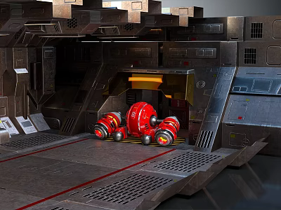 Cartoon Sci-Fi Scene With Red Robots On Metallic Platform And Yellow Lighting 3d model