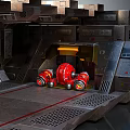 Cartoon Sci-Fi Scene With Red Robots On Metallic Platform And Yellow Lighting 3d model