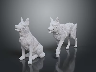 Stylish Pet Apparel Display With White Dog Statues Sitting And Standing 3d model