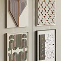 Various Abstract Decorative Wall Art With Geometric Patterns Hanging On Interior Wall 3d model