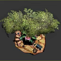 Cartoon Scene Featuring Floating Island With Green Tree Cactus House Red Door And Small Plants