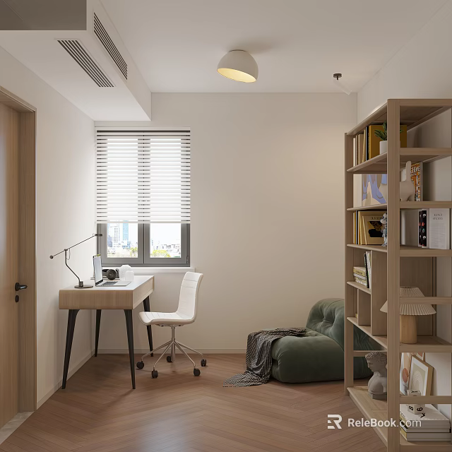 Minimalist Modern Study Room With Desk Chair Bookshelf Sofa And Window Blinds 3d model 