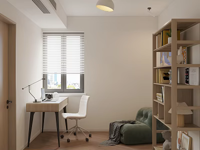 Minimalist Modern Study Room With Desk Chair Bookshelf Sofa And Window Blinds 3d model