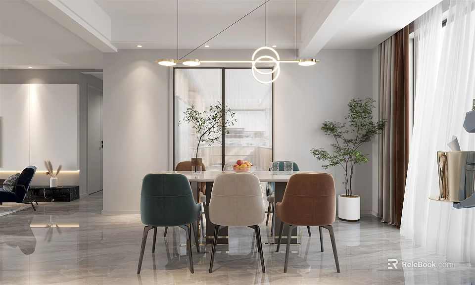 Modern Dining and Living Room Interior With Dining Table Chairs Pendant Lights and Plants 3d model 