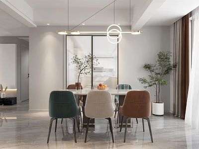 Modern Dining and Living Room Interior With Dining Table Chairs Pendant Lights and Plants 3d model