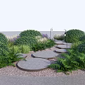 Garden Stepping Stones Path With Green Shrubs Ferns And Gravel