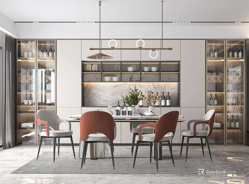 Modern Restaurant Interior With Dining Table Chairs Pendant Lights Wine Cabinets And Green Plants 3d model 