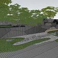 Landscape Wall Design With Green Plants Curved Paths And Paved Surfaces