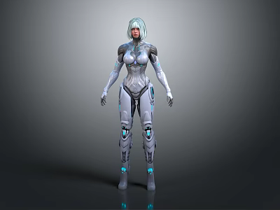 Sci-Fi Female Game Movie Character With Silver White Hair Mechanical Armor And Blue Luminous Details 3d model