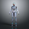 Sci-Fi Female Game Movie Character With Silver White Hair Mechanical Armor And Blue Luminous Details