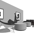 Modern Minimalist Sofa And Coffee Table Set With Black Armchairs Round Tables And Wall Art Frames