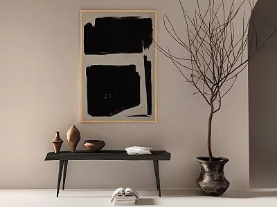 Light Wall Interior Decor Featuring Abstract Painting Ceramic Vessels And Tall Bare Branch On Bench 3d model