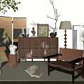 Modern Wooden Dresser Interior Design With Sculptures Vase And Plants In Living Room