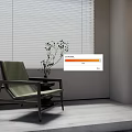 Green Leisure Chair with Small Potted Plant by Window Blinds White Wall and Decorative Shelf