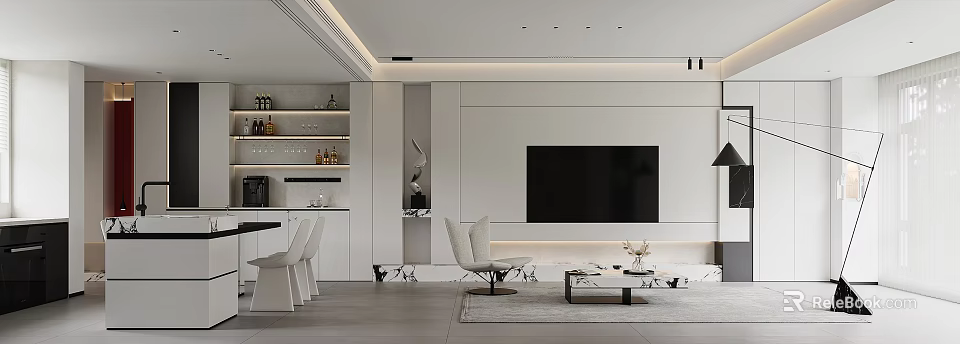 Modern Living And Dining Room Interior Design With Sofa Dining Table And Marble Decor 3d model