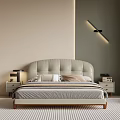 Modern Bedroom Interior With Brown Leather Padded Headboard Beige Dark Green Walls And Wall Lamp