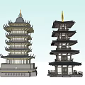 Two Traditional Chinese Multi tiered Pagodas With Curved Roofs And Intricate Architectural Details