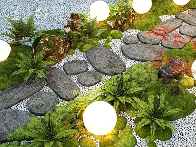 Tranquil Garden Landscape Featuring Pebbles Stone Pathway Green Ferns Round Lights And Moss Covered Stones 3d model