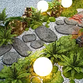 Tranquil Garden Landscape Featuring Pebbles Stone Pathway Green Ferns Round Lights And Moss Covered Stones