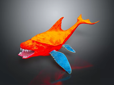Shark With Orange And Red Gradient Blue Fins Open Mouth Sharp Teeth On Dark Background 3d model