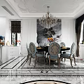 Elegant Dining Room Interior With Crystal Chandelier Round Table Blue Chairs And Marble Floor