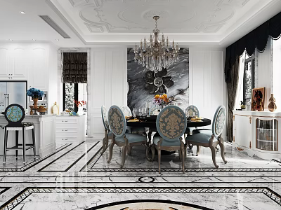 Elegant Dining Room Interior With Crystal Chandelier Round Table Blue Chairs And Marble Floor 3d model