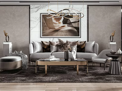 Stylish Modern Sofa And Coffee Table Set With Plush Pillows Ottoman Decorative Painting And Chandelier 3d model