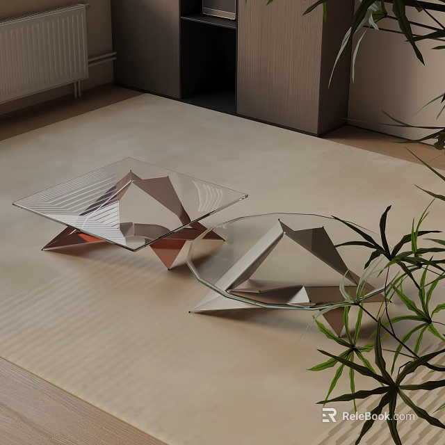 Modern Geometric Coffee Table Set with Glass Top Metal Frame and Green Plants 3d model 
