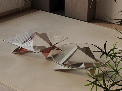 Modern Geometric Coffee Table Set with Glass Top Metal Frame and Green Plants 3d model