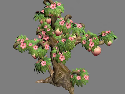 Fresh Peach Tree With Pink Flowers And Ripe Juicy Fruits 3d model