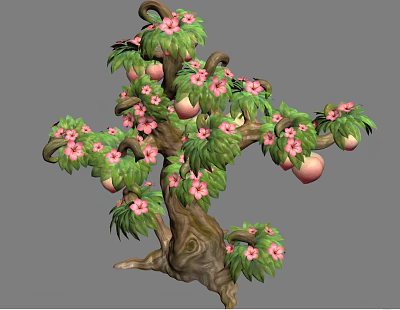 Fresh Peach Tree With Pink Flowers And Ripe Juicy Fruits 3d model