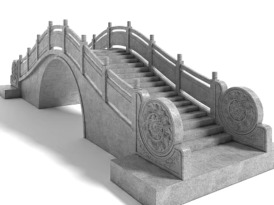 Traditional Gray Stone Arch Bridge With Stairs Railing And Ornate Carvings 3d model