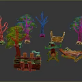 Cartoon Forest Scene With Leafy And Bare Trees Logs Axe And Wooden Bench Elements 3d model