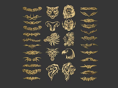 Golden Animal Head Wall Decor With Lion Tiger Eagle Patterns On Black Background 3d model