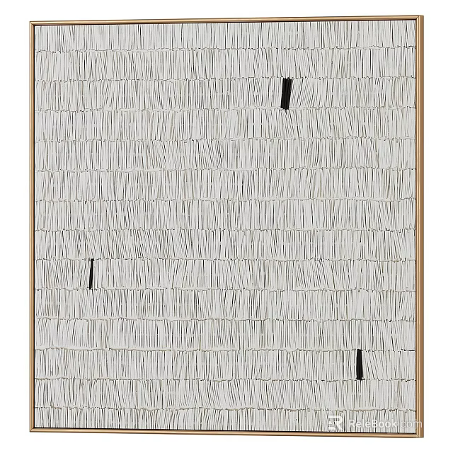 Abstract Painting With Repeating Gray Lines Textured Pattern White Background Black Accents Wooden Frame 3d model 