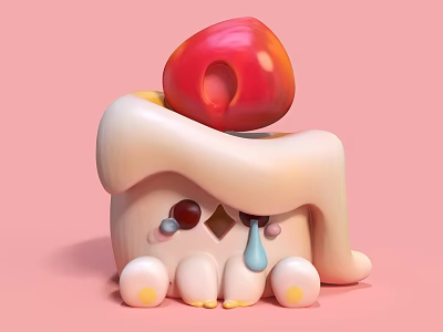 Cute Square Shaped Doll With Melted White Cream Red Cherry Blue Tears And Yellow Feet 3d model